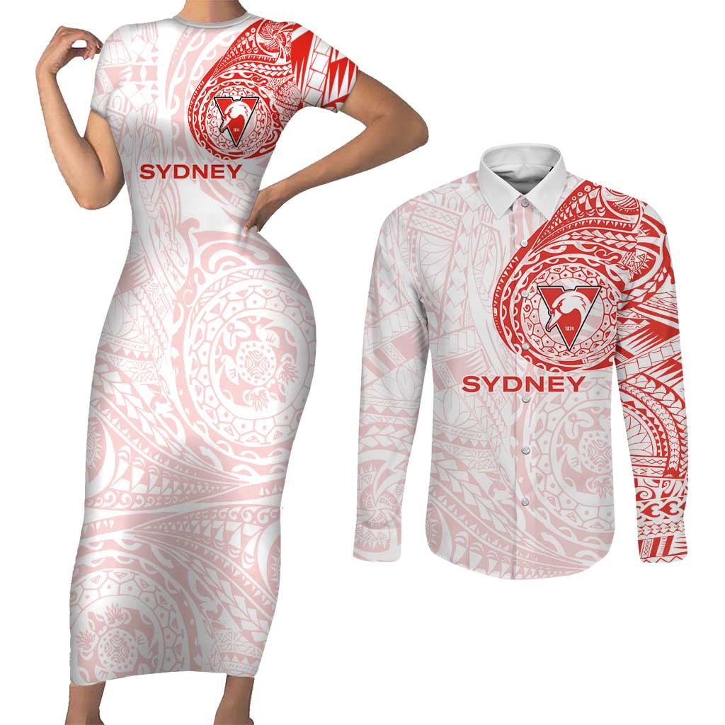 Personalized Sydney Swans Polynesian Couples Matching Short Sleeve Bodycon Dress and Long Sleeve Button Shirt Tribal Chest and Sleeve Tattoo Heritage Warrior