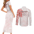 Personalized Sydney Swans Polynesian Couples Matching Short Sleeve Bodycon Dress and Long Sleeve Button Shirt Tribal Chest and Sleeve Tattoo Heritage Warrior
