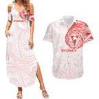 Personalized Sydney Swans Polynesian Couples Matching Summer Maxi Dress and Hawaiian Shirt Tribal Chest and Sleeve Tattoo Heritage Warrior