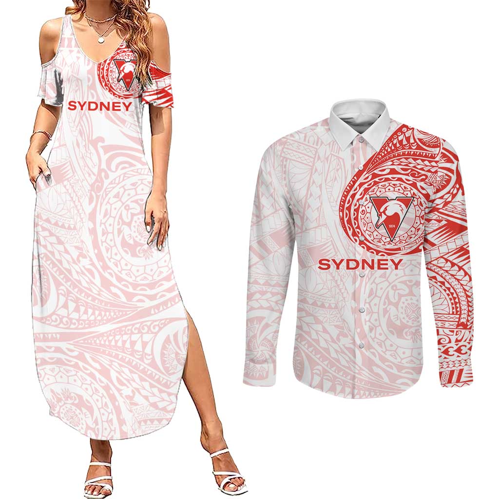 Personalized Sydney Swans Polynesian Couples Matching Summer Maxi Dress and Long Sleeve Button Shirt Tribal Chest and Sleeve Tattoo Heritage Warrior
