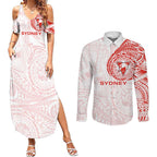 Personalized Sydney Swans Polynesian Couples Matching Summer Maxi Dress and Long Sleeve Button Shirt Tribal Chest and Sleeve Tattoo Heritage Warrior