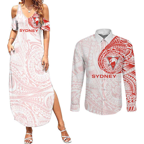 Personalized Sydney Swans Polynesian Couples Matching Summer Maxi Dress and Long Sleeve Button Shirt Tribal Chest and Sleeve Tattoo Heritage Warrior