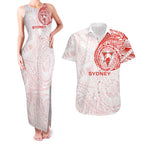 Personalized Sydney Swans Polynesian Couples Matching Tank Maxi Dress and Hawaiian Shirt Tribal Chest and Sleeve Tattoo Heritage Warrior