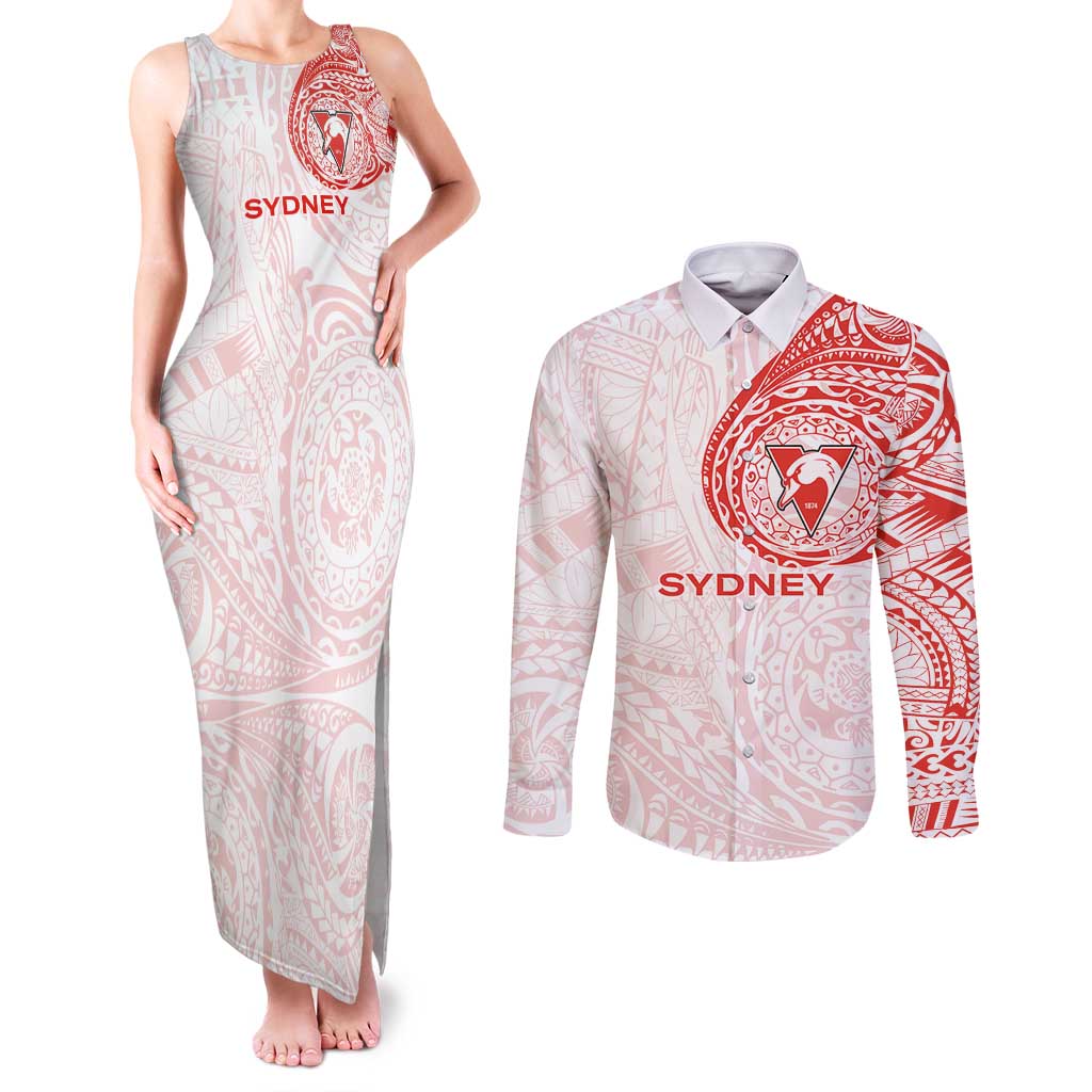 Personalized Sydney Swans Polynesian Couples Matching Tank Maxi Dress and Long Sleeve Button Shirt Tribal Chest and Sleeve Tattoo Heritage Warrior