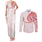 Personalized Sydney Swans Polynesian Couples Matching Tank Maxi Dress and Long Sleeve Button Shirt Tribal Chest and Sleeve Tattoo Heritage Warrior
