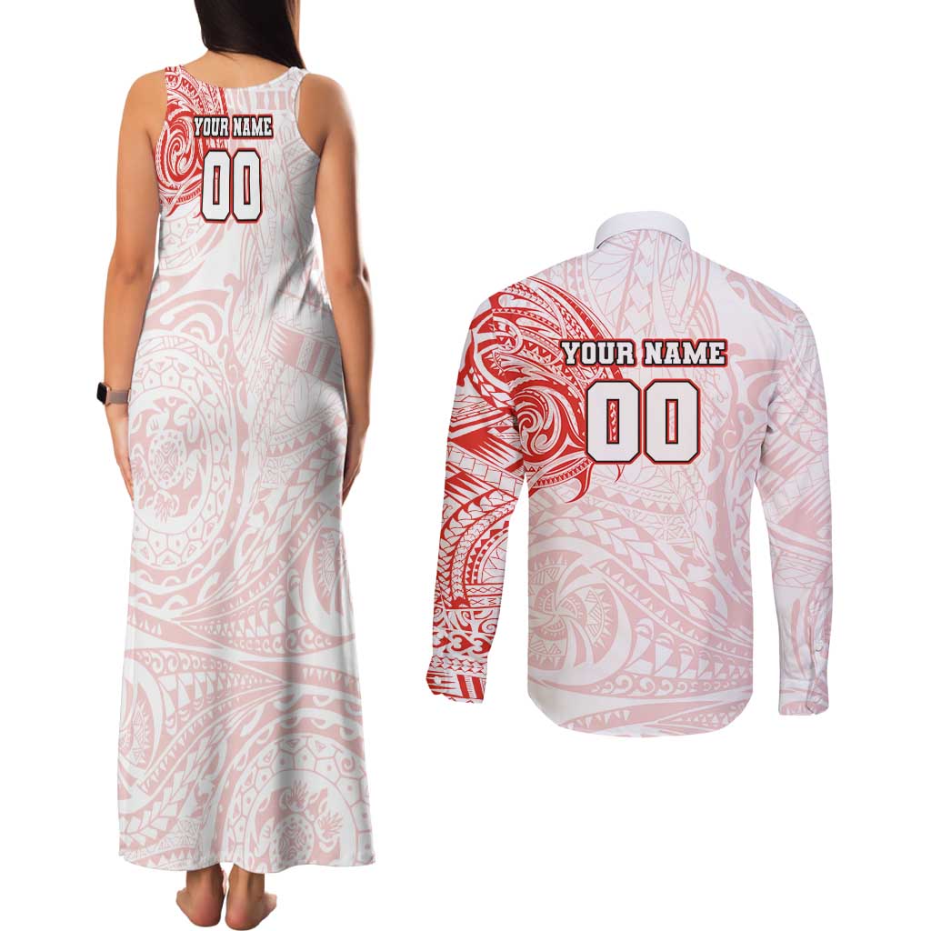 Personalized Sydney Swans Polynesian Couples Matching Tank Maxi Dress and Long Sleeve Button Shirt Tribal Chest and Sleeve Tattoo Heritage Warrior