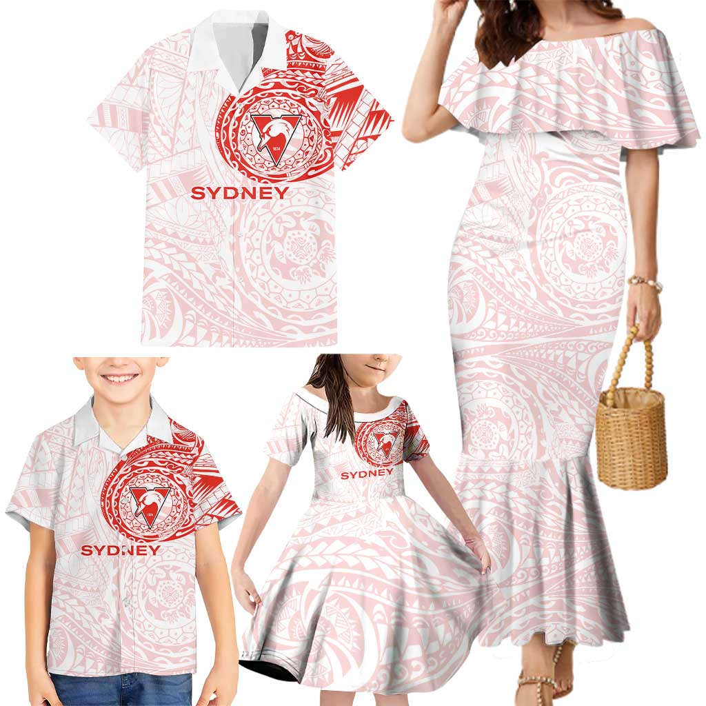 Personalized Sydney Swans Polynesian Family Matching Mermaid Dress and Hawaiian Shirt Tribal Chest and Sleeve Tattoo Heritage Warrior