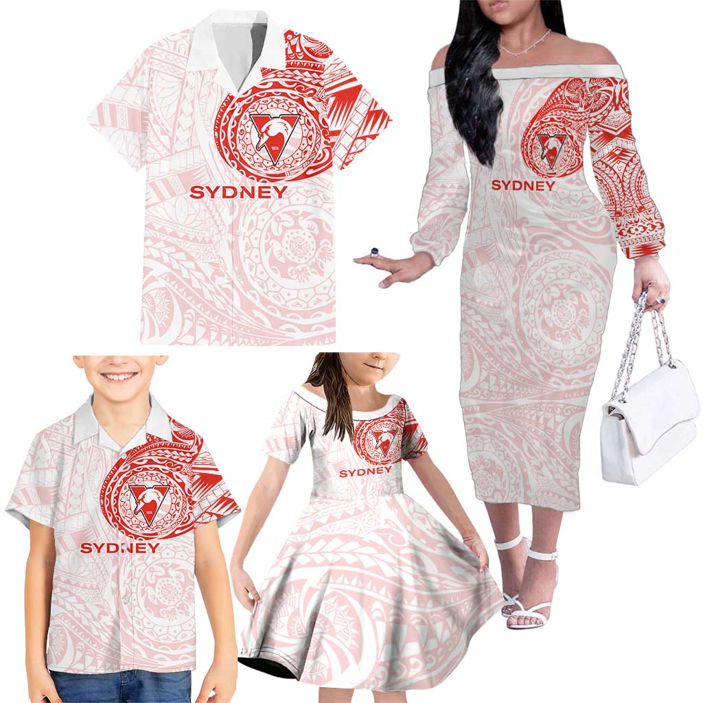 Personalized Sydney Swans Polynesian Family Matching Off The Shoulder Long Sleeve Dress and Hawaiian Shirt Tribal Chest and Sleeve Tattoo Heritage Warrior
