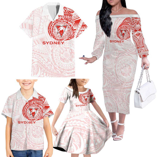 Personalized Sydney Swans Polynesian Family Matching Off The Shoulder Long Sleeve Dress and Hawaiian Shirt Tribal Chest and Sleeve Tattoo Heritage Warrior