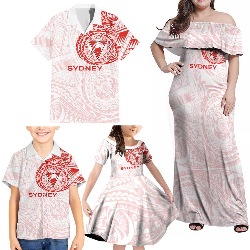 Personalized Sydney Swans Polynesian Family Matching Off Shoulder Maxi Dress and Hawaiian Shirt Tribal Chest and Sleeve Tattoo Heritage Warrior
