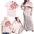 Personalized Sydney Swans Polynesian Family Matching Off Shoulder Maxi Dress and Hawaiian Shirt Tribal Chest and Sleeve Tattoo Heritage Warrior