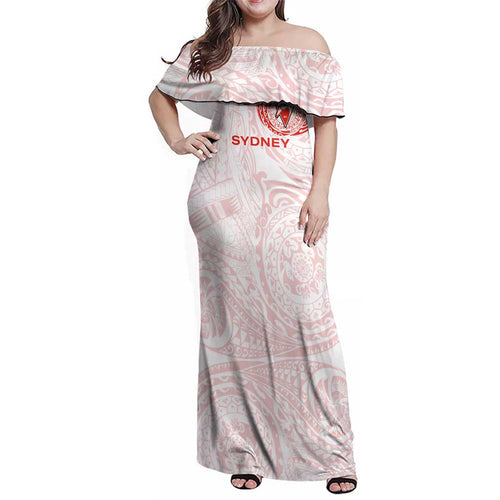 Personalized Sydney Swans Polynesian Family Matching Off Shoulder Maxi Dress and Hawaiian Shirt Tribal Chest and Sleeve Tattoo Heritage Warrior
