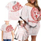 Personalized Sydney Swans Polynesian Family Matching Off Shoulder Short Dress and Hawaiian Shirt Tribal Chest and Sleeve Tattoo Heritage Warrior