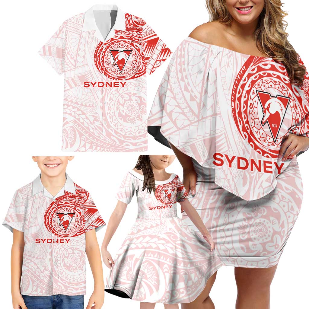 Personalized Sydney Swans Polynesian Family Matching Off Shoulder Short Dress and Hawaiian Shirt Tribal Chest and Sleeve Tattoo Heritage Warrior