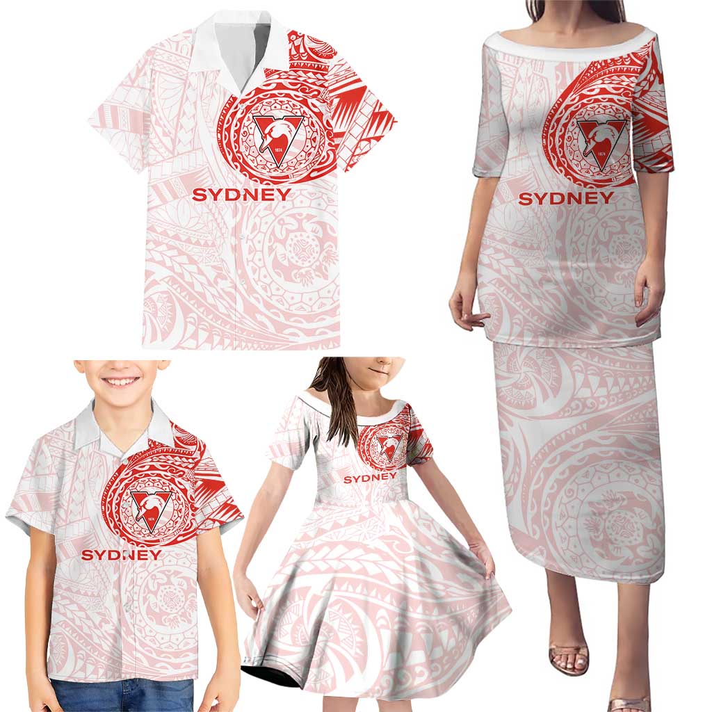 Personalized Sydney Swans Polynesian Family Matching Puletasi and Hawaiian Shirt Tribal Chest and Sleeve Tattoo Heritage Warrior