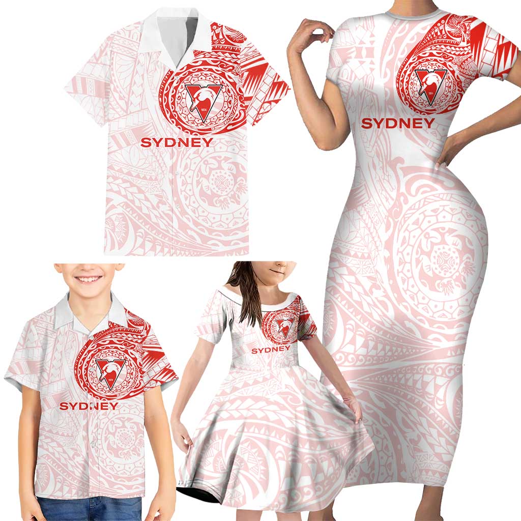 Personalized Sydney Swans Polynesian Family Matching Short Sleeve Bodycon Dress and Hawaiian Shirt Tribal Chest and Sleeve Tattoo Heritage Warrior