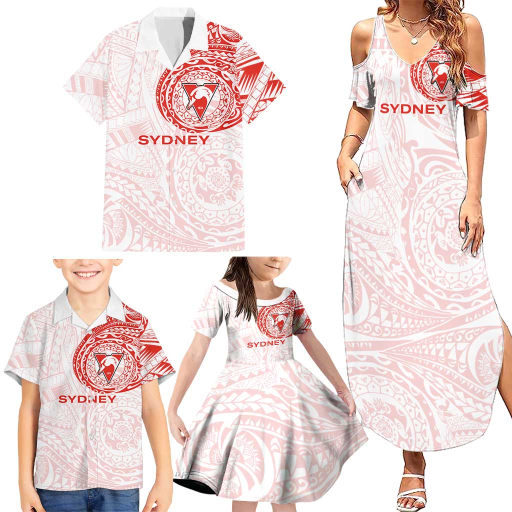 Personalized Sydney Swans Polynesian Family Matching Summer Maxi Dress and Hawaiian Shirt Tribal Chest and Sleeve Tattoo Heritage Warrior