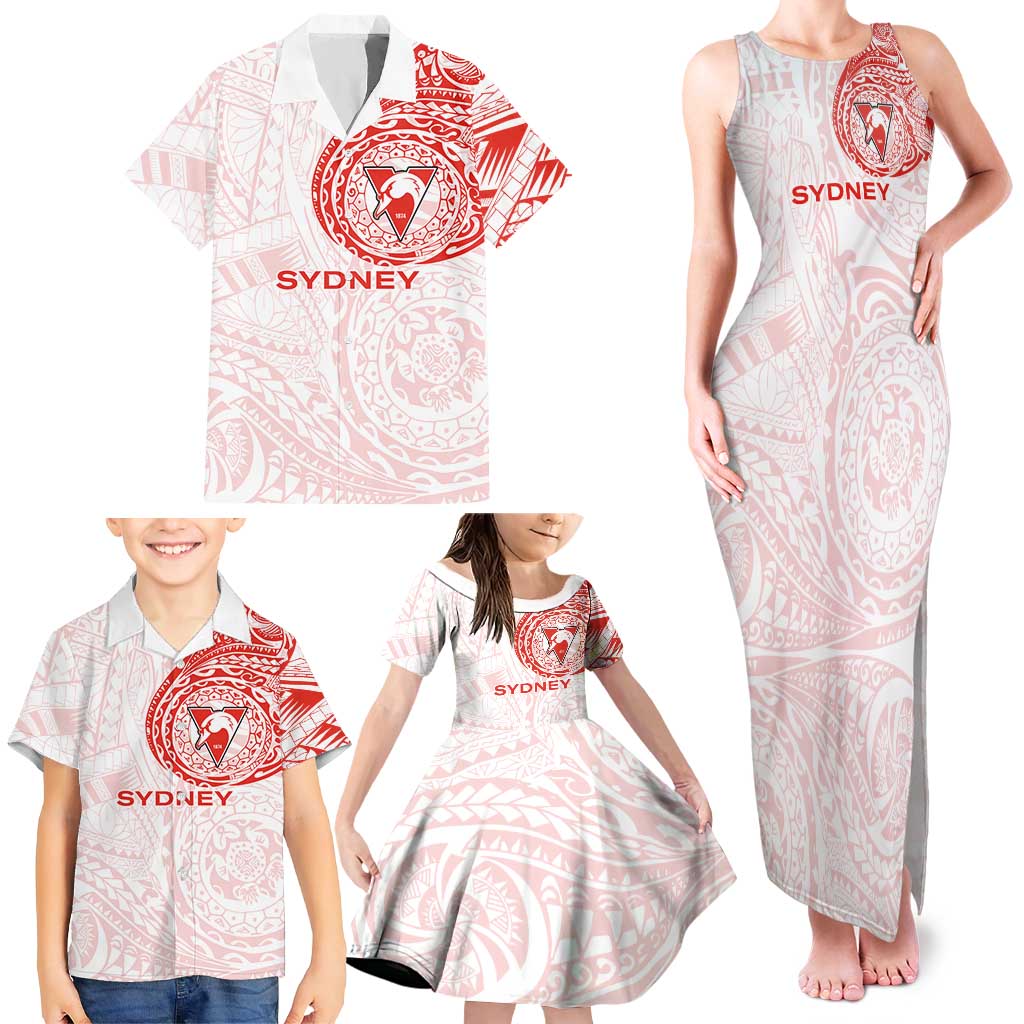 Personalized Sydney Swans Polynesian Family Matching Tank Maxi Dress and Hawaiian Shirt Tribal Chest and Sleeve Tattoo Heritage Warrior