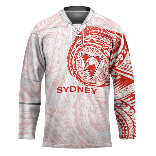 Personalized Sydney Swans Polynesian Hockey Jersey Tribal Chest and Sleeve Tattoo Heritage Warrior