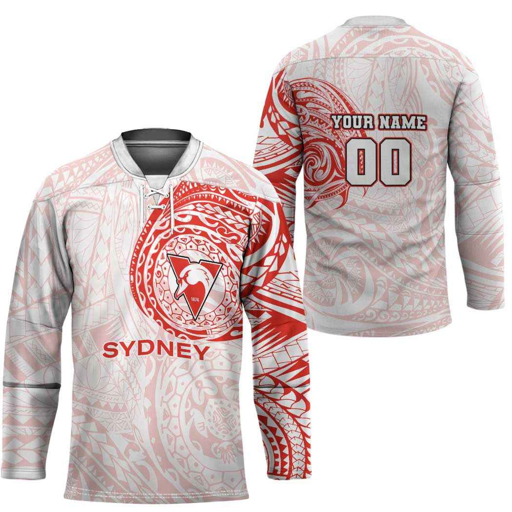 Personalized Sydney Swans Polynesian Hockey Jersey Tribal Chest and Sleeve Tattoo Heritage Warrior