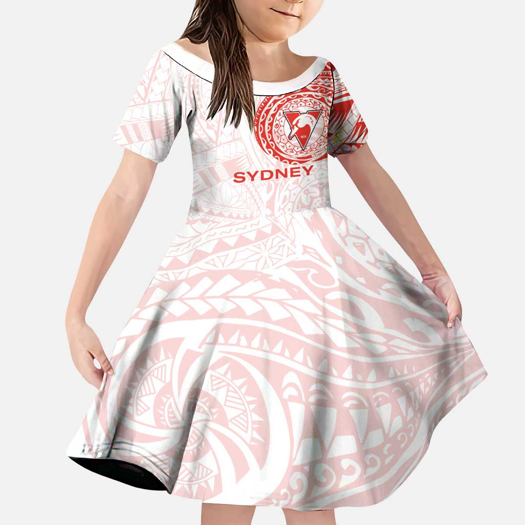 Personalized Sydney Swans Polynesian Kid Short Sleeve Dress Tribal Chest and Sleeve Tattoo Heritage Warrior