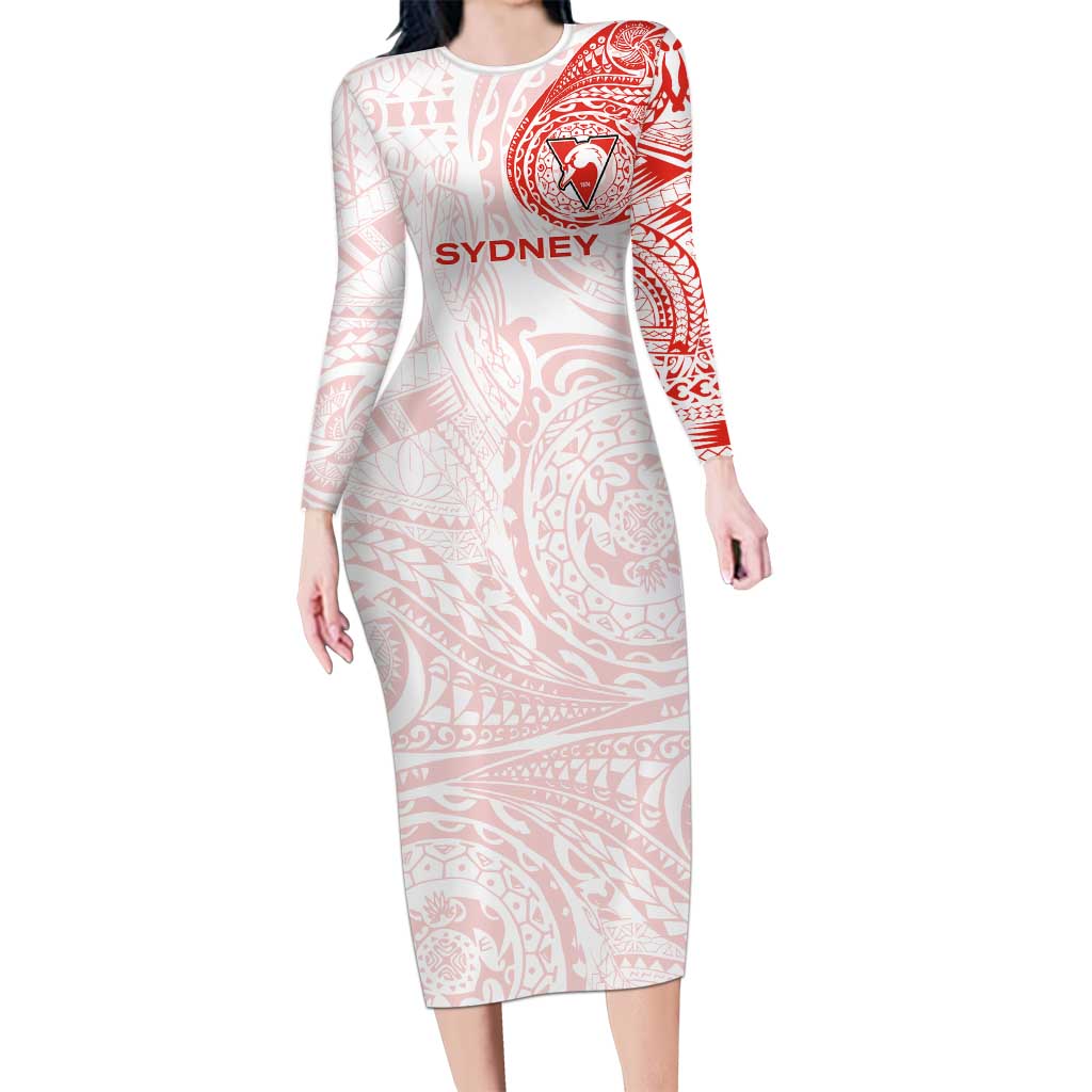 Personalized Sydney Swans Polynesian Long Sleeve Bodycon Dress Tribal Chest and Sleeve Tattoo Heritage Warrior