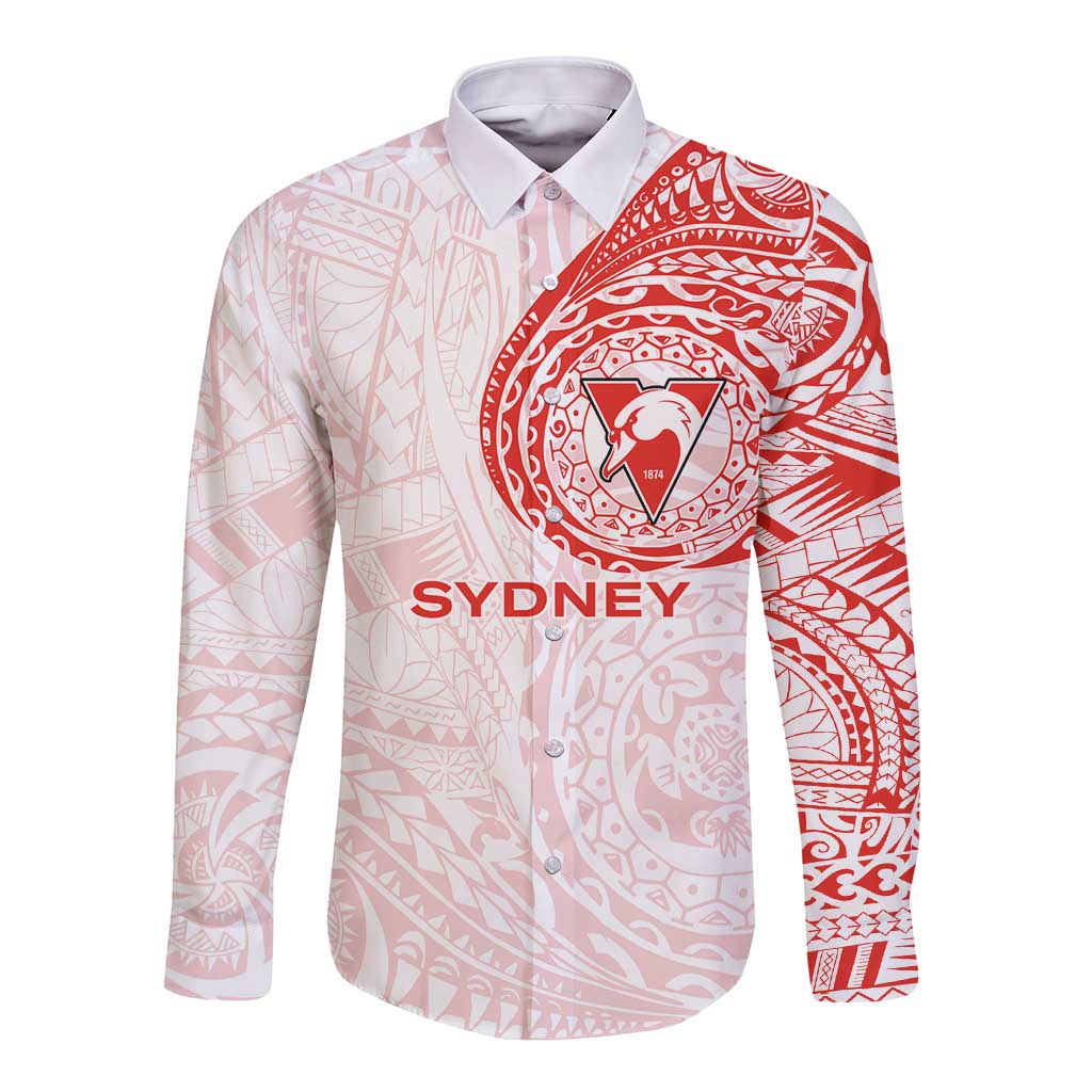 Personalized Sydney Swans Polynesian Long Sleeve Button Shirt Tribal Chest and Sleeve Tattoo Heritage Warrior