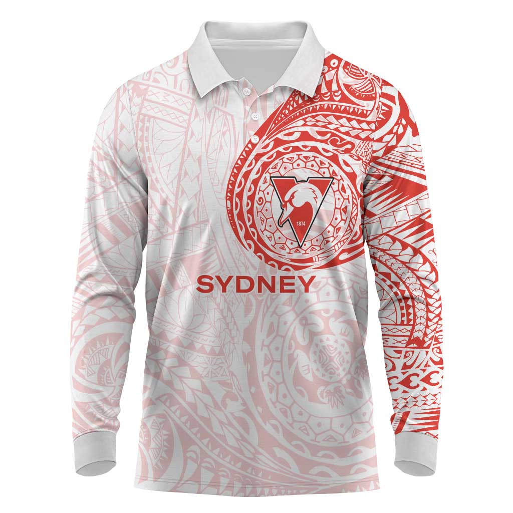 Personalized Sydney Swans Polynesian Long Sleeve Polo Shirt Tribal Chest and Sleeve Tattoo Heritage Warrior