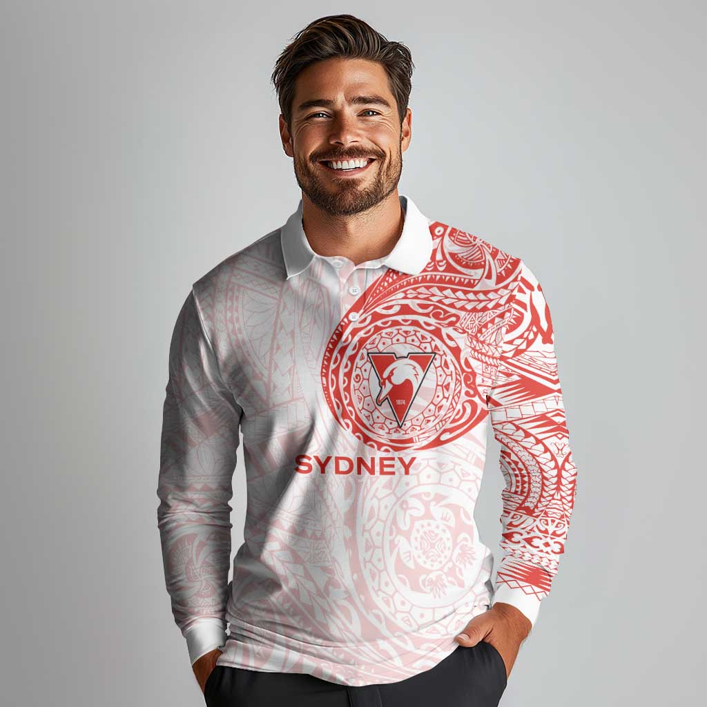 Personalized Sydney Swans Polynesian Long Sleeve Polo Shirt Tribal Chest and Sleeve Tattoo Heritage Warrior
