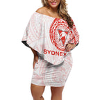 Personalized Sydney Swans Polynesian Off Shoulder Short Dress Tribal Chest and Sleeve Tattoo Heritage Warrior