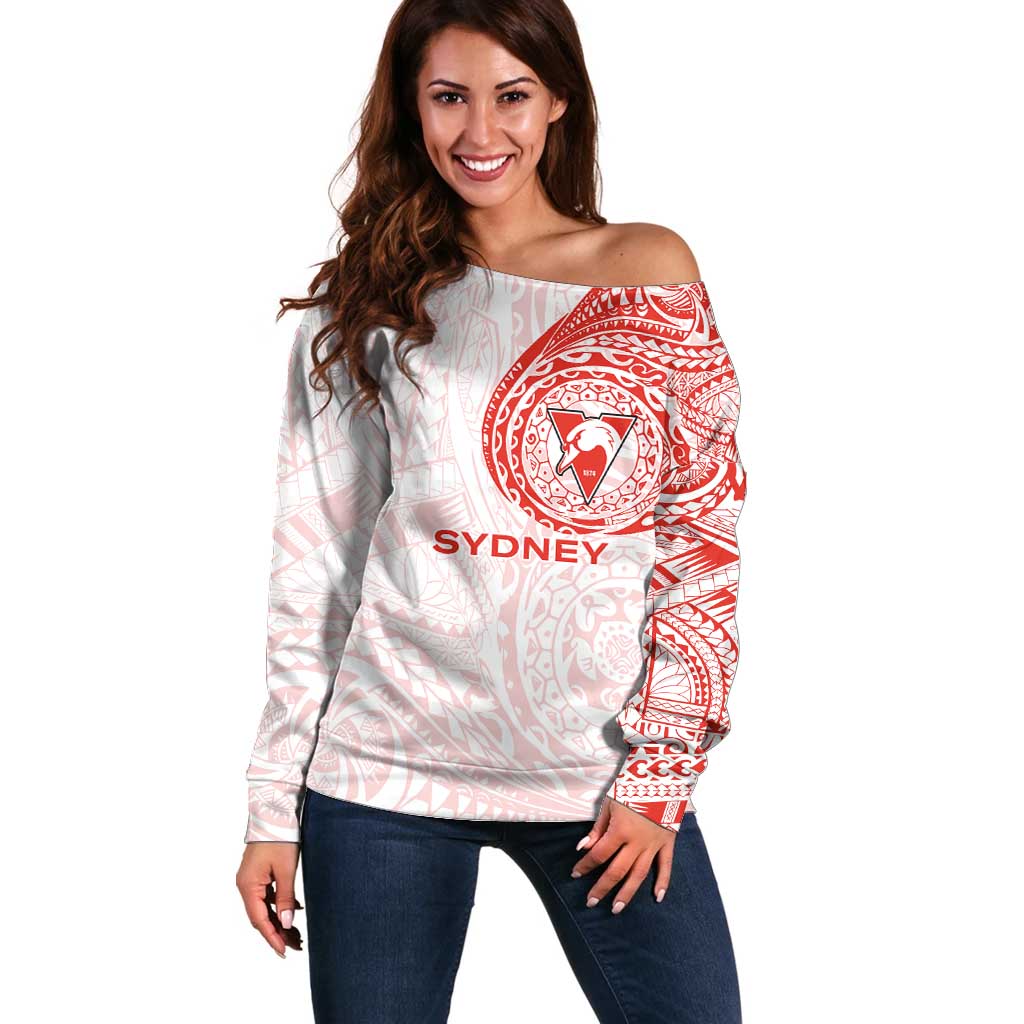Personalized Sydney Swans Polynesian Off Shoulder Sweater Tribal Chest and Sleeve Tattoo Heritage Warrior
