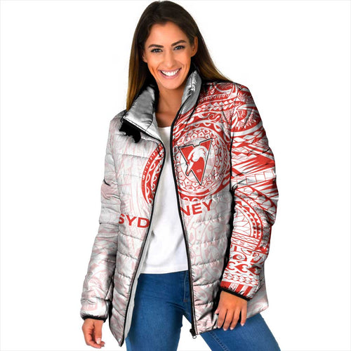 Personalized Sydney Swans Polynesian Padded Jacket Tribal Chest and Sleeve Tattoo Heritage Warrior