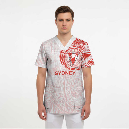 Personalized Sydney Swans Polynesian Scrub Top Tribal Chest and Sleeve Tattoo Heritage Warrior