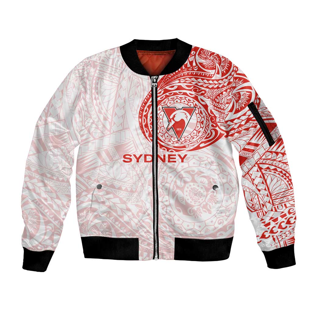 Personalized Sydney Swans Polynesian Sleeve Zip Bomber Jacket Tribal Chest and Sleeve Tattoo Heritage Warrior