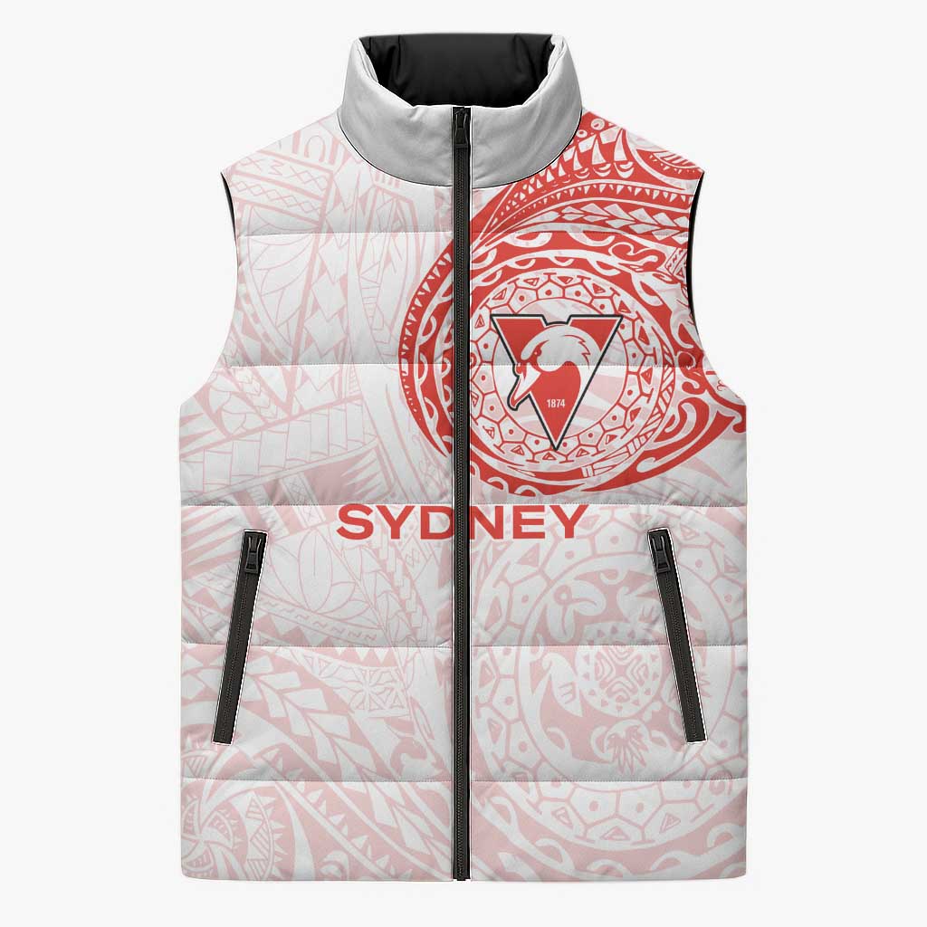 Personalized Sydney Swans Polynesian Sleeveless Puffer Jacket Tribal Chest and Sleeve Tattoo Heritage Warrior