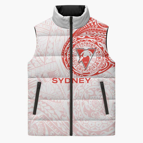 Personalized Sydney Swans Polynesian Sleeveless Puffer Jacket Tribal Chest and Sleeve Tattoo Heritage Warrior