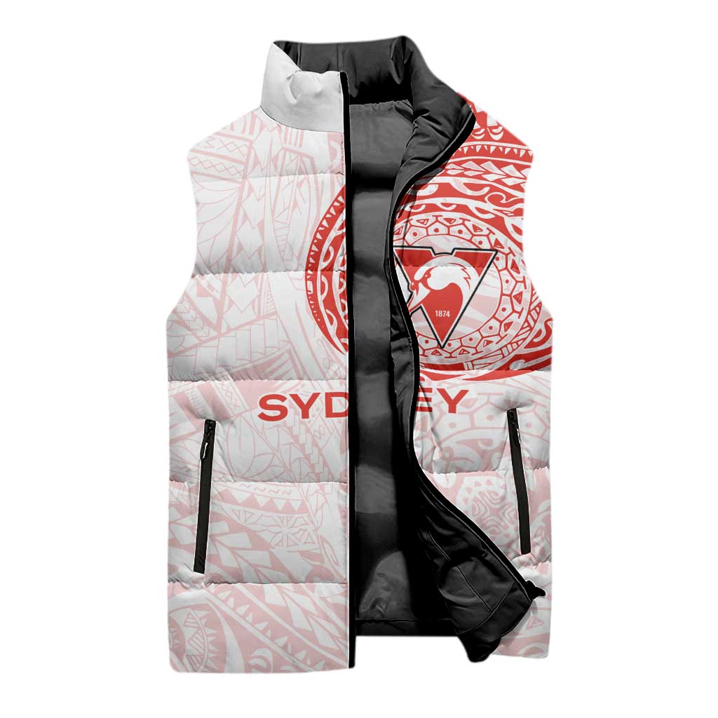Personalized Sydney Swans Polynesian Sleeveless Puffer Jacket Tribal Chest and Sleeve Tattoo Heritage Warrior