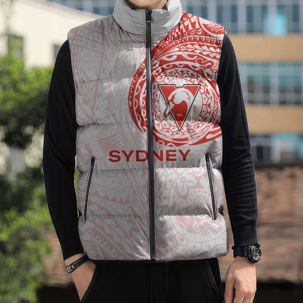Personalized Sydney Swans Polynesian Sleeveless Puffer Jacket Tribal Chest and Sleeve Tattoo Heritage Warrior