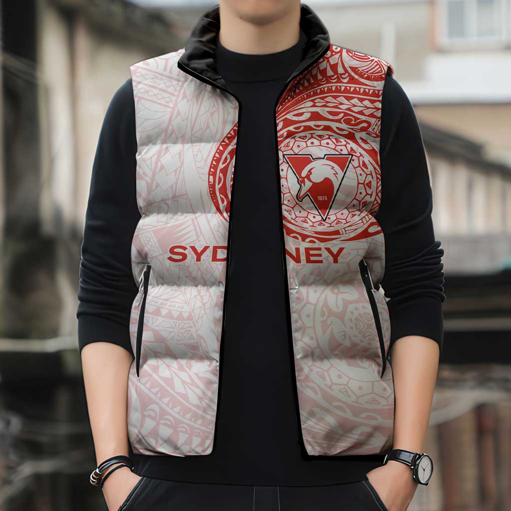 Personalized Sydney Swans Polynesian Sleeveless Puffer Jacket Tribal Chest and Sleeve Tattoo Heritage Warrior
