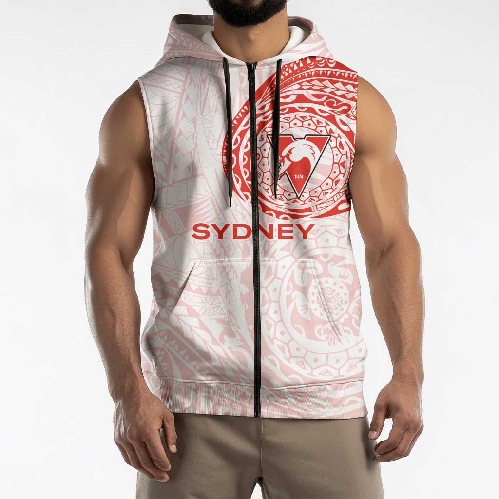 Personalized Sydney Swans Polynesian Sleeveless Zip Hoodie Tribal Chest and Sleeve Tattoo Heritage Warrior
