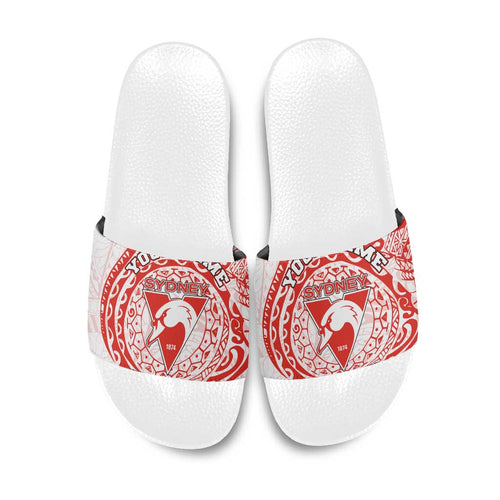 Personalized Sydney Swans Polynesian Slide Sandals Tribal Chest and Sleeve Tattoo Heritage Warrior