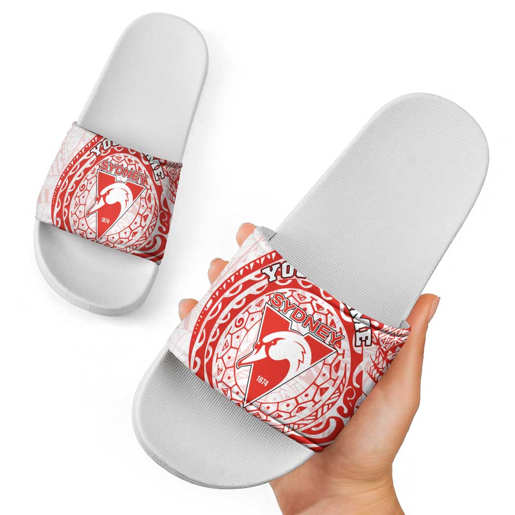 Personalized Sydney Swans Polynesian Slide Sandals Tribal Chest and Sleeve Tattoo Heritage Warrior