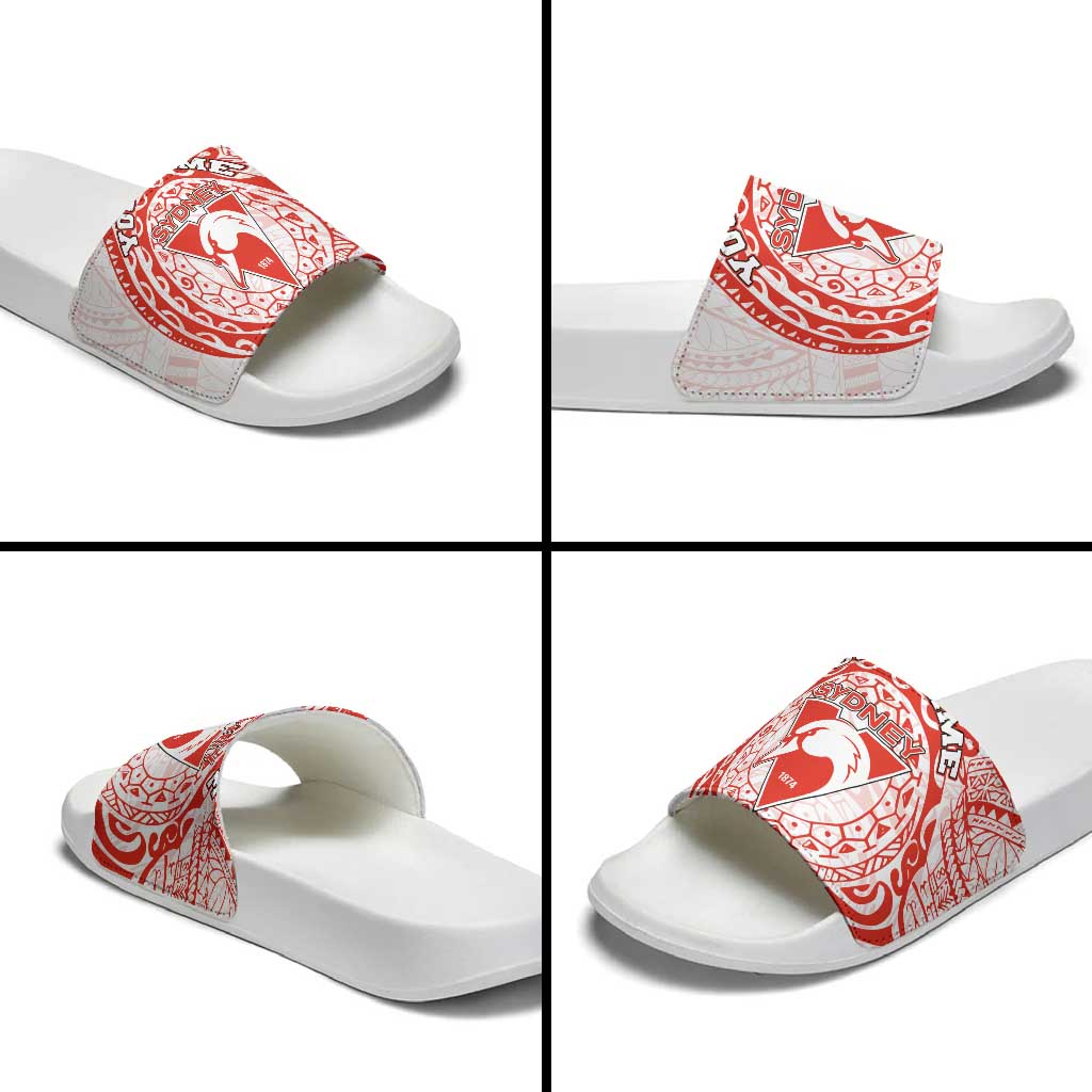 Personalized Sydney Swans Polynesian Slide Sandals Tribal Chest and Sleeve Tattoo Heritage Warrior
