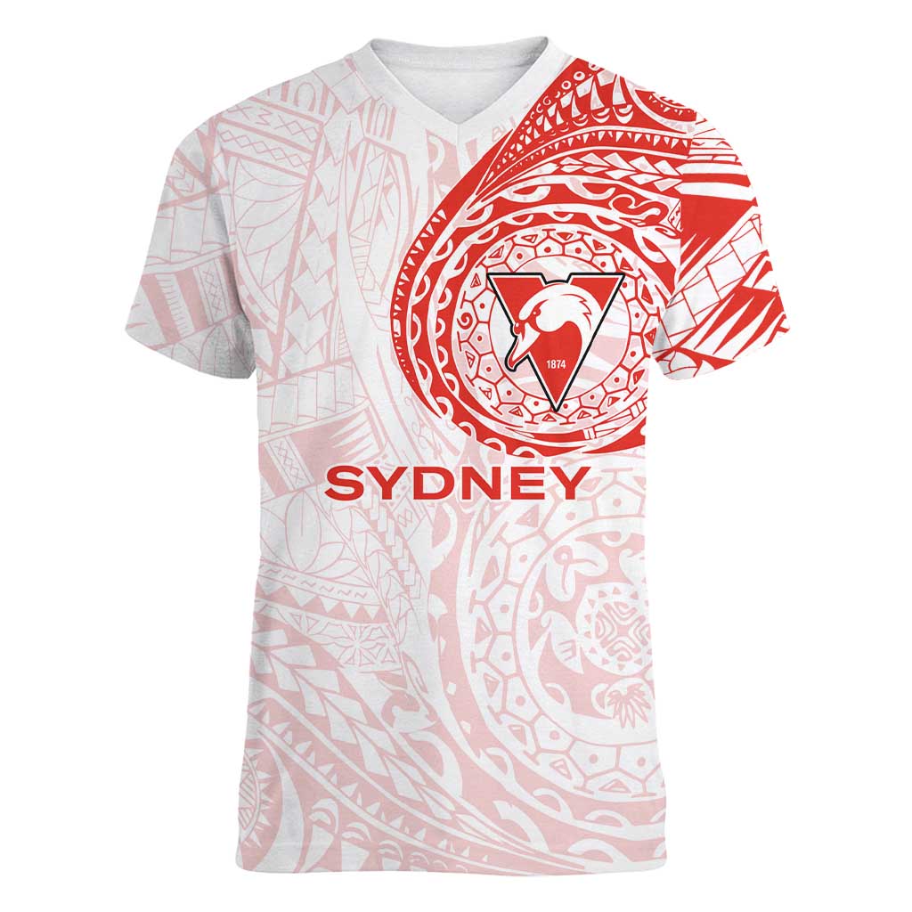 Personalized Sydney Swans Polynesian Women V-Neck T-Shirt Tribal Chest and Sleeve Tattoo Heritage Warrior