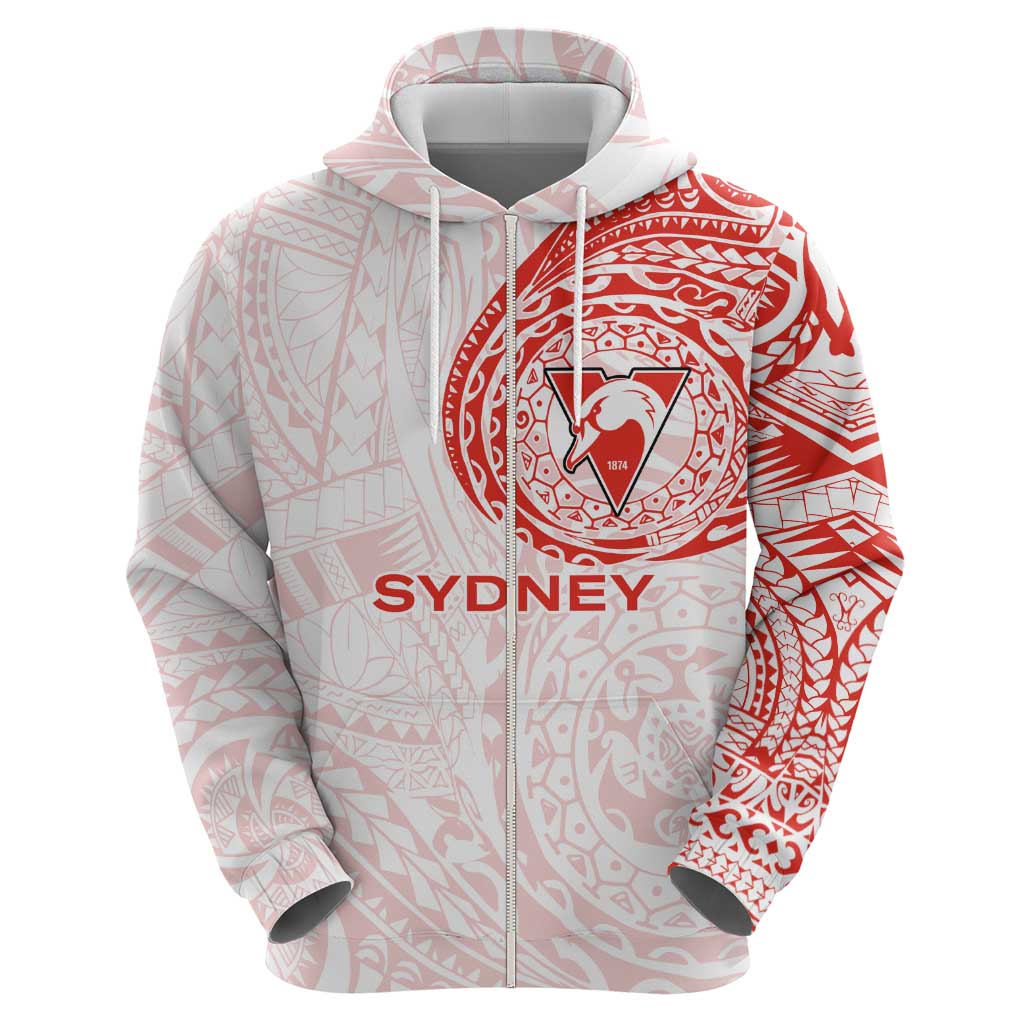 Personalized Sydney Swans Polynesian Zip Hoodie Tribal Chest and Sleeve Tattoo Heritage Warrior