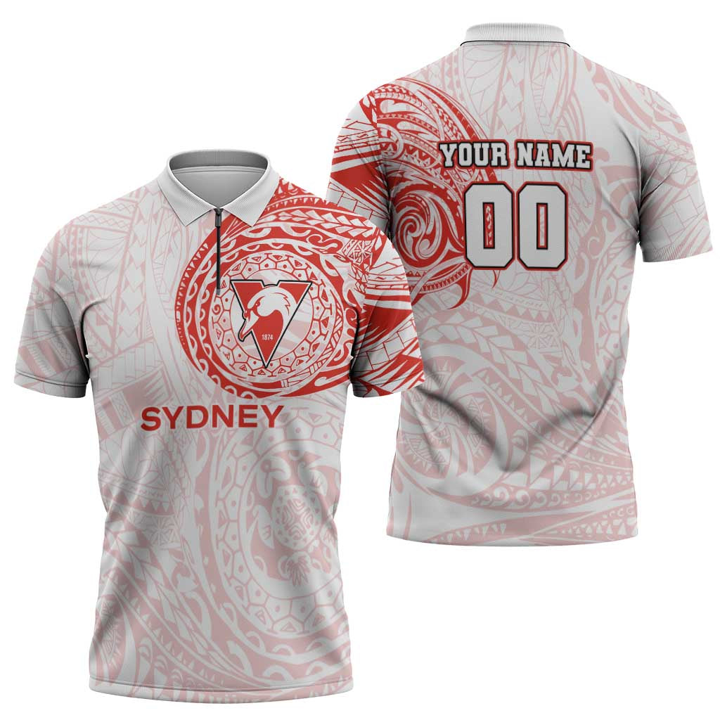Personalized Sydney Swans Polynesian Zipper Polo Shirt Tribal Chest and Sleeve Tattoo Heritage Warrior