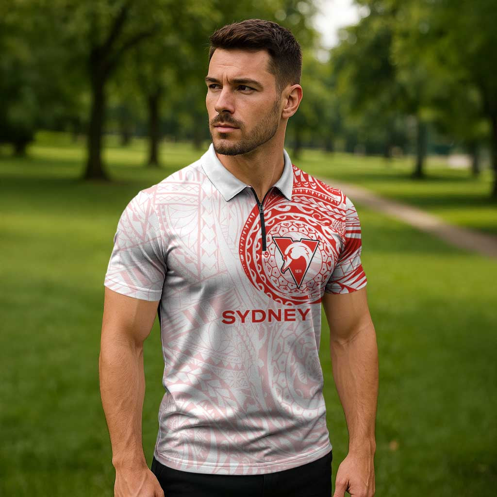 Personalized Sydney Swans Polynesian Zipper Polo Shirt Tribal Chest and Sleeve Tattoo Heritage Warrior
