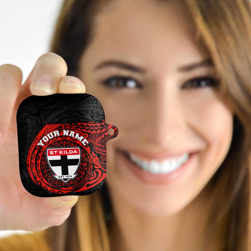 Personalized St Kilda Saints Polynesian AirPods Case Tribal Chest and Sleeve Tattoo Heritage Warrior