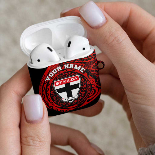 Personalized St Kilda Saints Polynesian AirPods Case Tribal Chest and Sleeve Tattoo Heritage Warrior
