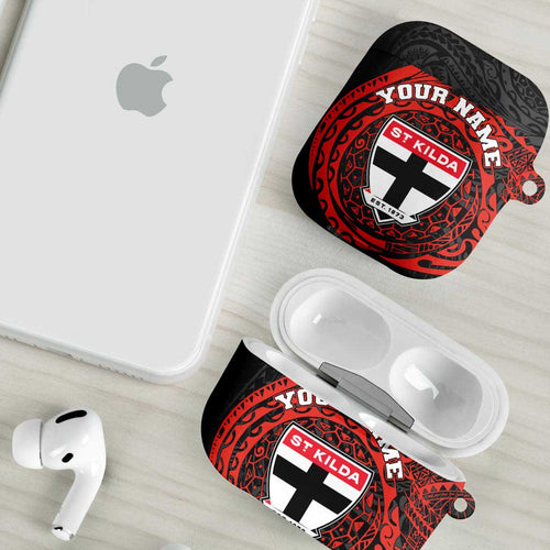 Personalized St Kilda Saints Polynesian AirPods Case Tribal Chest and Sleeve Tattoo Heritage Warrior